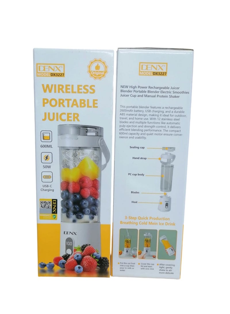 Denx 600ml Portable Blender, Electric Juicer, Fruit Blender, 2600mAh Rechargeable Battery via USB Port, Mini Smoothie Blender, 50W Personal Juicer - Image 2